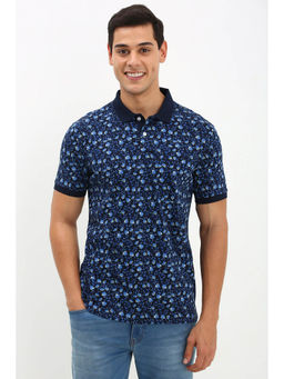 Allen Solly - Men Navy Blue Floral Print Collar Neck T-Shirt