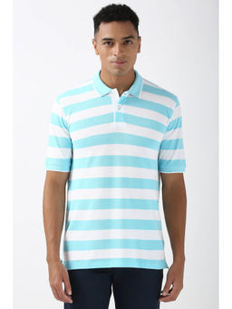 Peter England - Men Blue Stripe Collar Neck Polo T-Shirt