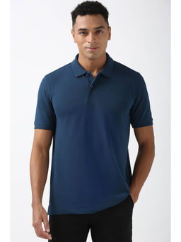 Peter England - Men Navy Blue Solid Collar Neck Polo T-Shirt