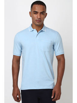 Peter England - Men Blue Self Design Collar Neck Polo T-Shirt