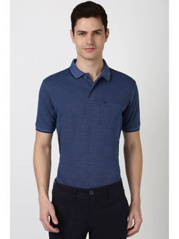 Peter England - Men Navy Blue Textured Collar Neck Polo T-Shirt