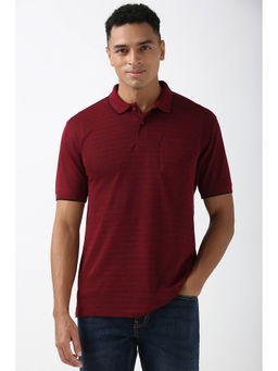 Peter England - Men Maroon Stripe Collar Neck Polo T-Shirt