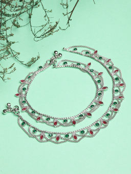 ZENEME - Silver-Plated Oxidised Pair of Stoned Studded Beaded Anklets