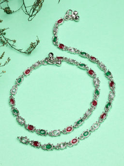 ZENEME - Silver-Plated Oxidised Cz Stone Studded Pair of Beaded Anklets for Women