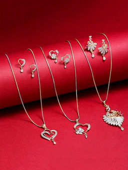 ZENEME - Gold-Plated Cz Studded Pack of 3 Contemporary Pendant Set with Earrings for Women