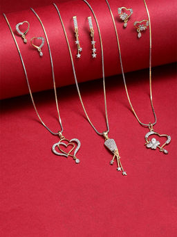 ZENEME - Gold-Plated Cz Studded Pack of 3 Contemporary Pendant Set with Earrings for Women