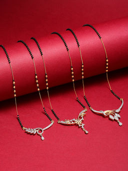 ZENEME - Gold Plated Alloy Black Beaded Pack of 3 Ad Studded Mangalsutras for Women