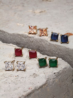 ZENEME - Gold Plated Geometrical Studs Multicolour Square Earrings for Women