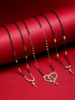 ZENEME - Gold Plated Alloy Black Beaded Pack of 3 Ad Studded Mangalsutras for Women