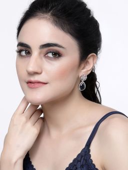 ZENEME - Rhodium-Plated Blue American Diamond Teardrop & Floral Shaped Drop Earrings for Women