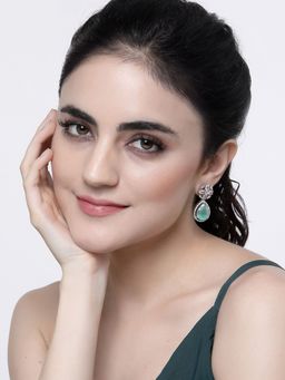 ZENEME - Rhodium-Plated Green American Diamond Teardrop Floral Shaped Drop Earrings for Women