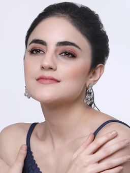 ZENEME - Rhodium-Plated Blue Ad Studded Paisley Shaped Drop Earrings for Women