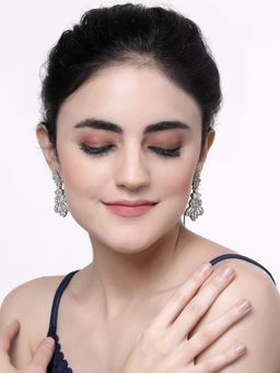 ZENEME - Rhodium-Plated White Ad Studded Paisley Shaped Drop Earrings for Women