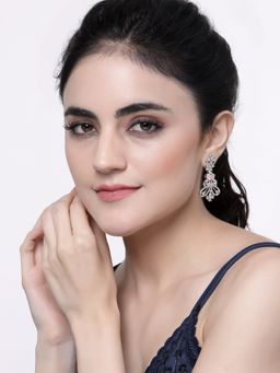 ZENEME - Rhodium-Plated Pink Ad Studded Paisley Shaped Drop Earrings for Women