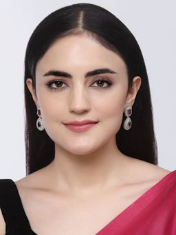 ZENEME - Rhodium-Plated Red American Diamond Studded Teardrop Dangle Earrings for Women