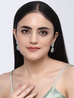 ZENEME - Rhodium-Plated Green American Diamond Studded Teardrop Dangle Earrings for Women