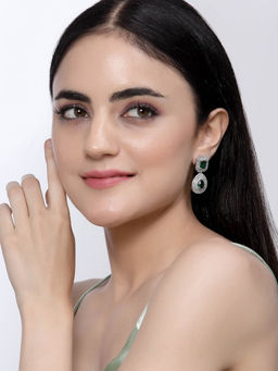 ZENEME - Rhodium-Plated Green American Diamond Studded Teardrop Dangle Earrings for Women