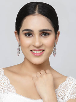 ZENEME - Rhodium-Plated Silver Toned Pink American Diamond Studded Oval Crystal Earring