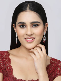 ZENEME - Rhodium-Plated Silver Toned Red American Diamond Studded Oval Crystal Earring