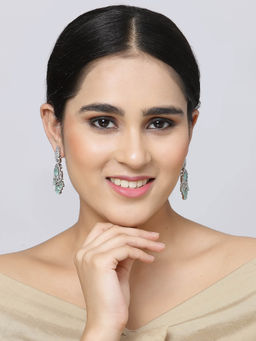 ZENEME - Rhodium-Plated Silver Toned Sea Green American Diamond Studded Oval Crystal Earring