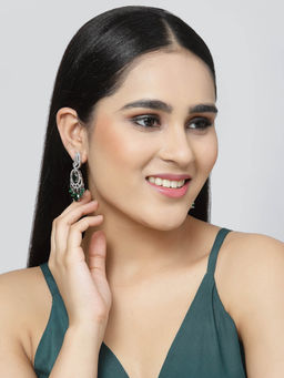 ZENEME - Rhodium-Plated Silver Toned Green American Diamond Studded Oval Crystal Earring