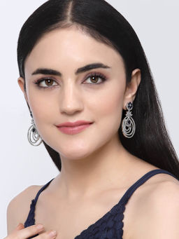 ZENEME - Rhodium-Plated American Diamond Studded Circular Drop Earrings for Women