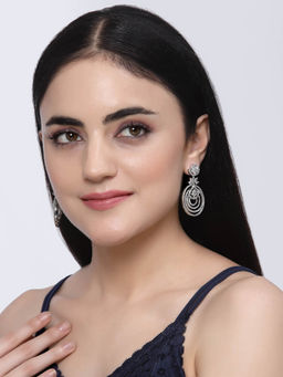 ZENEME - Rhodium-Plated American Diamond Studded Circular Drop Earrings for Women