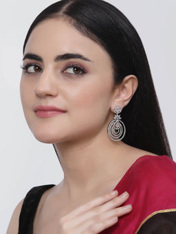 ZENEME - Rhodium-Plated American Diamond Studded Circular Drop Earrings for Women