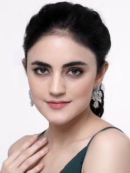 ZENEME - Rhodium-Plated American Diamond Studded Triangular Shaped Drop Earrings for Women