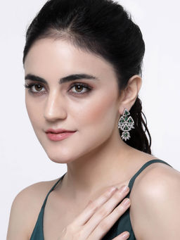 ZENEME - Rhodium-Plated American Diamond Studded Triangular Shaped Drop Earrings for Women