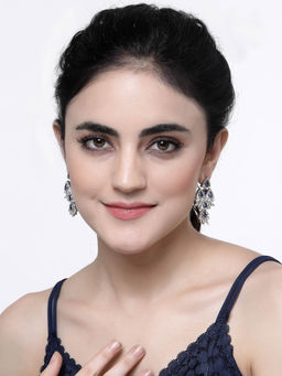 ZENEME - Rhodium-Plated American Diamond Studded Triangular Shaped Drop Earrings for Women