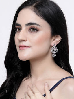 ZENEME - Rhodium-Plated American Diamond Studded Triangular Shaped Drop Earrings for Women