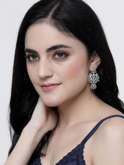 ZENEME - Rhodium-Plated American Diamond Studded Triangular Shaped Drop Earrings for Women