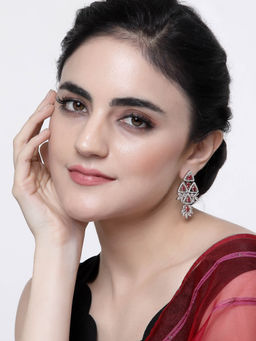 ZENEME - Rhodium-Plated American Diamond Studded Triangular Shaped Drop Earrings for Women