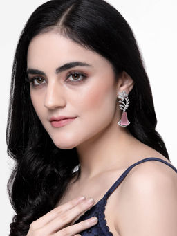 ZENEME - Rhodium-Plated Pink American Diamond Studded Floral Theme Drop Earrings for Women