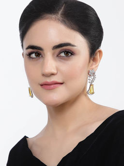 ZENEME - Rhodium-Plated Yellow American Diamond Studded Floral Theme Drop Earrings for Women