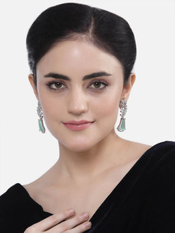 ZENEME - Rhodium-Plated Green American Diamond Studded Floral Theme Drop Earrings for Women