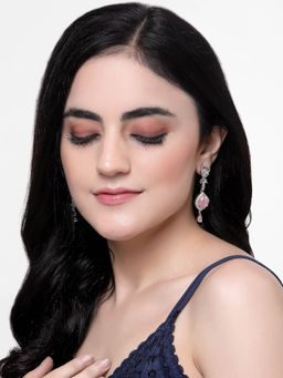 ZENEME - Rhodium-Plated Silver Pink American Diamond Studded Teardrop Shaped Drop Earrings