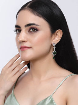 ZENEME - Rhodium-Plated Silver Green American Diamond Studded Teardrop Shaped Drop Earrings