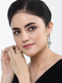 ZENEME - Rhodium-Plated Silver Green American Diamond Studded Teardrop Shaped Drop Earrings