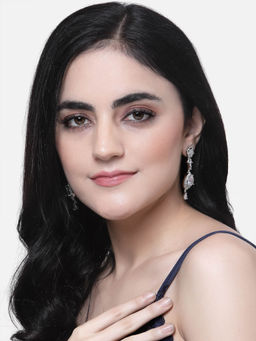 ZENEME - Rhodium-Plated Silver White American Diamond Studded Teardrop Shaped Drop Earrings