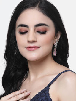 ZENEME - Rhodium-Plated Pink American Diamond Teardrop Crawler Earrings for Women & Girls