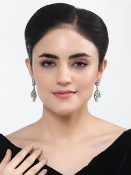 ZENEME - Rhodium-Plated Green American Diamond Crystal Studded Drop Earrings for Women