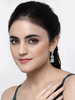 ZENEME - Silver Plated Rhodium Sea Green American Diamond Studded Half Hoop Earring for Women