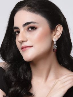 ZENEME - Silver Plated Rhodium Red American Diamond Studded Half Hoop Earring for Women