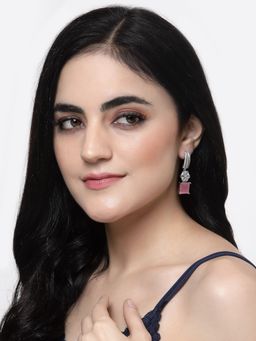 ZENEME - Silver Plated Rhodium Red American Diamond Studded Half Hoop Earring for Women