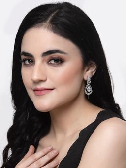 ZENEME - Rhodium-Plated Silver Toned White American Diamond Drop Earrings for Women