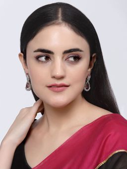 ZENEME - Rhodium-Plated Silver Toned Red American Diamond Crystal Drop Earrings for Women