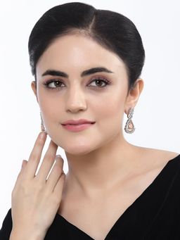 ZENEME - Rhodium-Plated Silver Toned Orange American Diamond Drop Crystal Earrings for Women