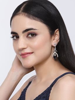 ZENEME - Rhodium-Plated Blue American Diamond Studded Teardrop & Quirky Earrings for Women